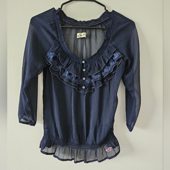 Hollister Tops - 🎉 Hollister sheer navy blue blouse XS